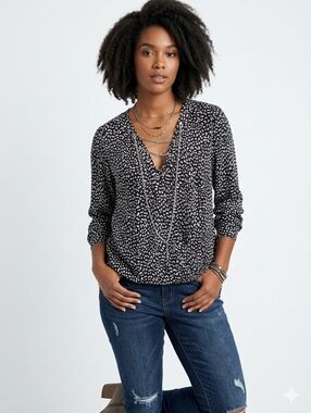 MICHAEL KORS Spotted Drape Blouse with Chains, Edgy Chic High-Low Hem Top,Size L